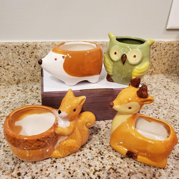 Other - Animal Planters, Woodland 4pc Set, Squirrel Deer Owl Hedgehog plant pots